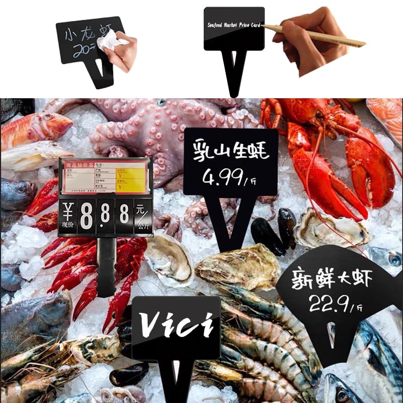 5Pcs Supermarket Aquatic Frozen Seafood Market Price Card Acrylic Black Ice Table Insert Label Clip Erasable Plug-in Label Display Rewritable Promotional Price Tag Waterproof Square Advertising Sign