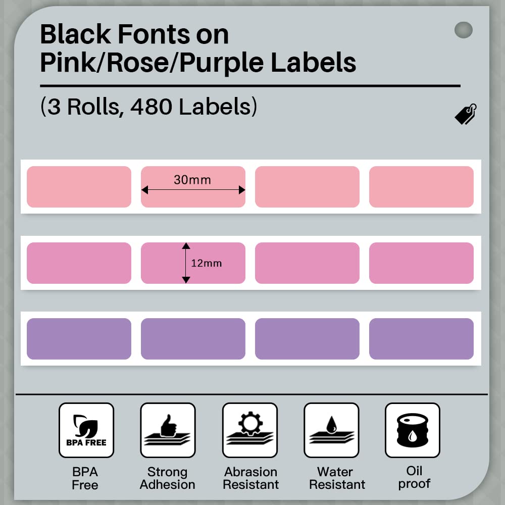 D30 Label Maker Tape - Compatible with Memoking/Phomemo D30 Label Printer Machine, 12x30mm Waterproof Thermal Printer Labels, Purple/Rose Red/Pink Sticker Machine Label, 3 Rolls