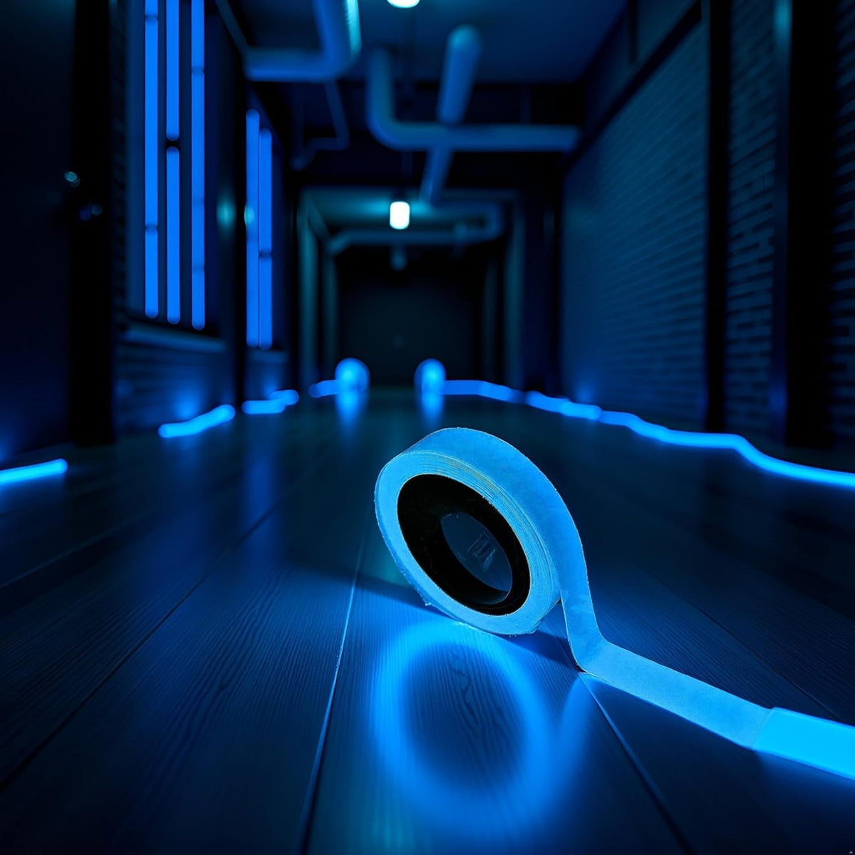 Glow in The Dark Safety Tape, Blue Fluorescent, Self-Adhesive Warning Strip for Stairs and Steps (9.8 FT)