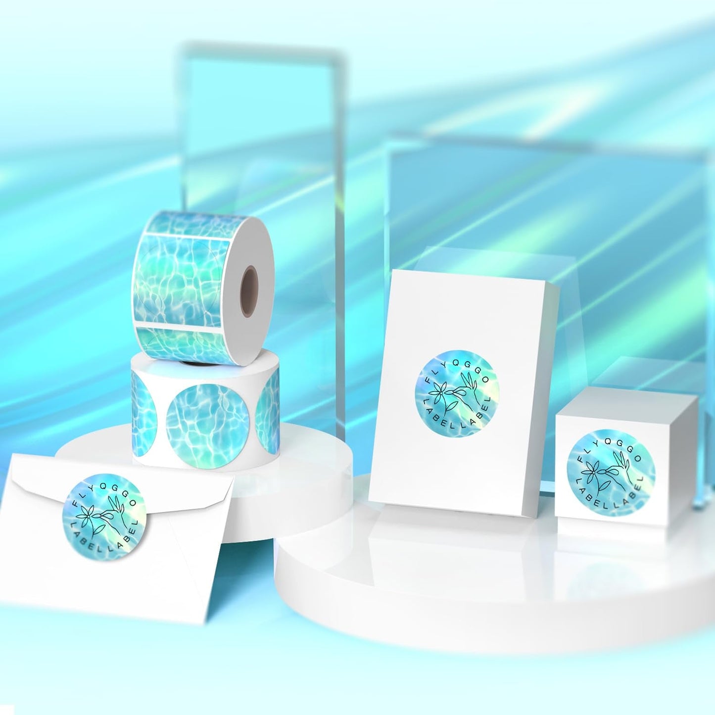 2" Circle Holographic Thermal Label Stickers, Direct Thermal Ocean Stickers Labels for Gift Wrapping, Name Price Tag DIY Custom Logo, Compatible with Rollo & MUNBYN Printers (500 Pcs/Roll) Light Blue