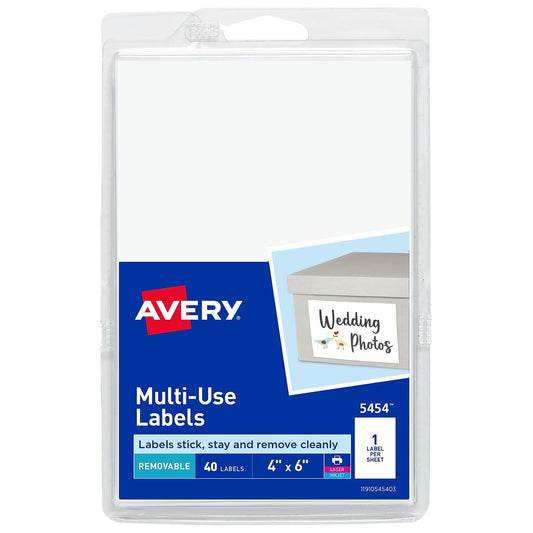 Avery 05454 Removable Multi-Use Labels, 4-Inch x 6-Inch, White, 40 Labels/Pack