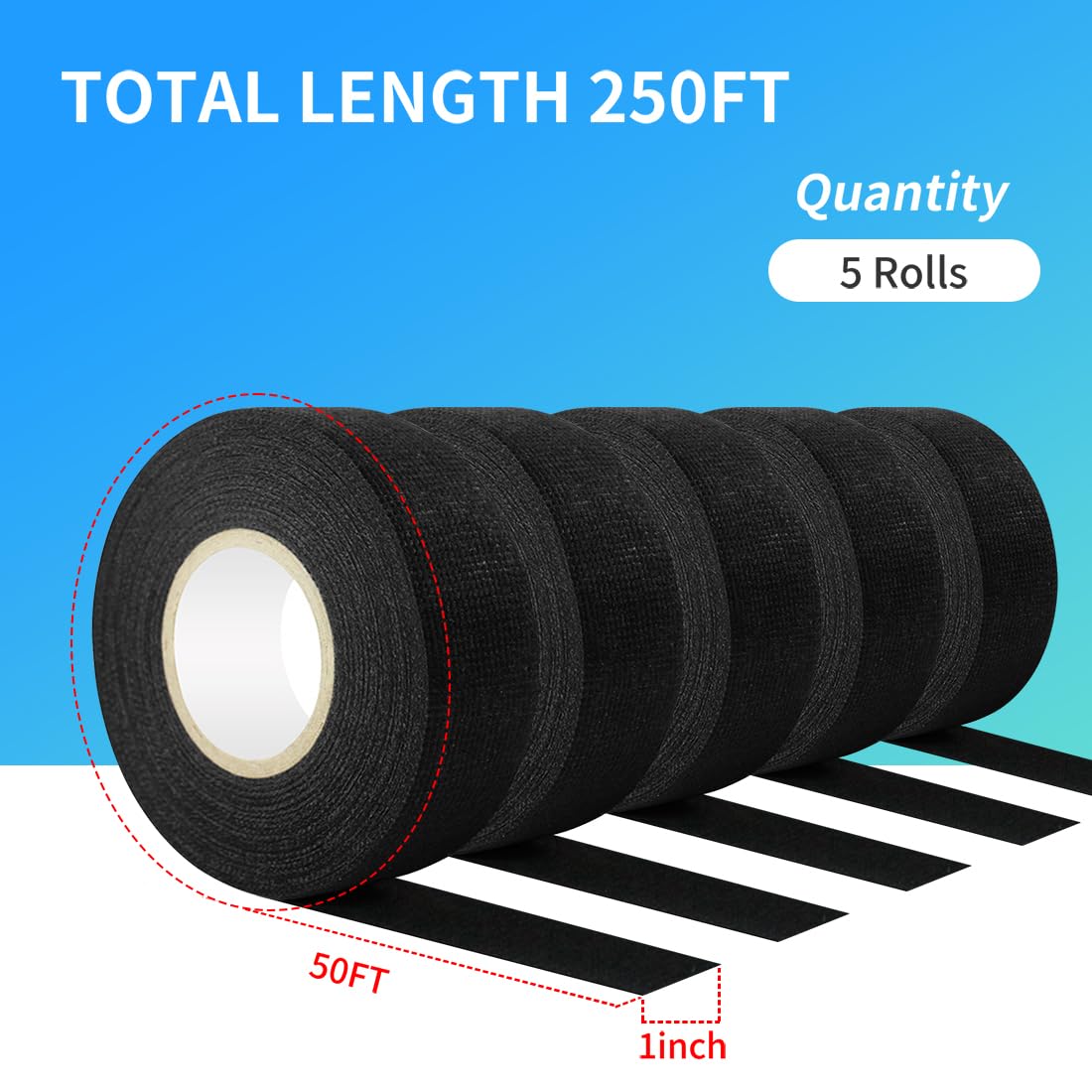Wiring Harness Tape High Temp Self-Adhesive Fabric Tape 1 Inch x 50 FT (5 Rolls 250 FT Total) for Automotive Engine Harness Wrap, Electrical Cable Protection, Noise Damping 5-Black 1in x 50FT