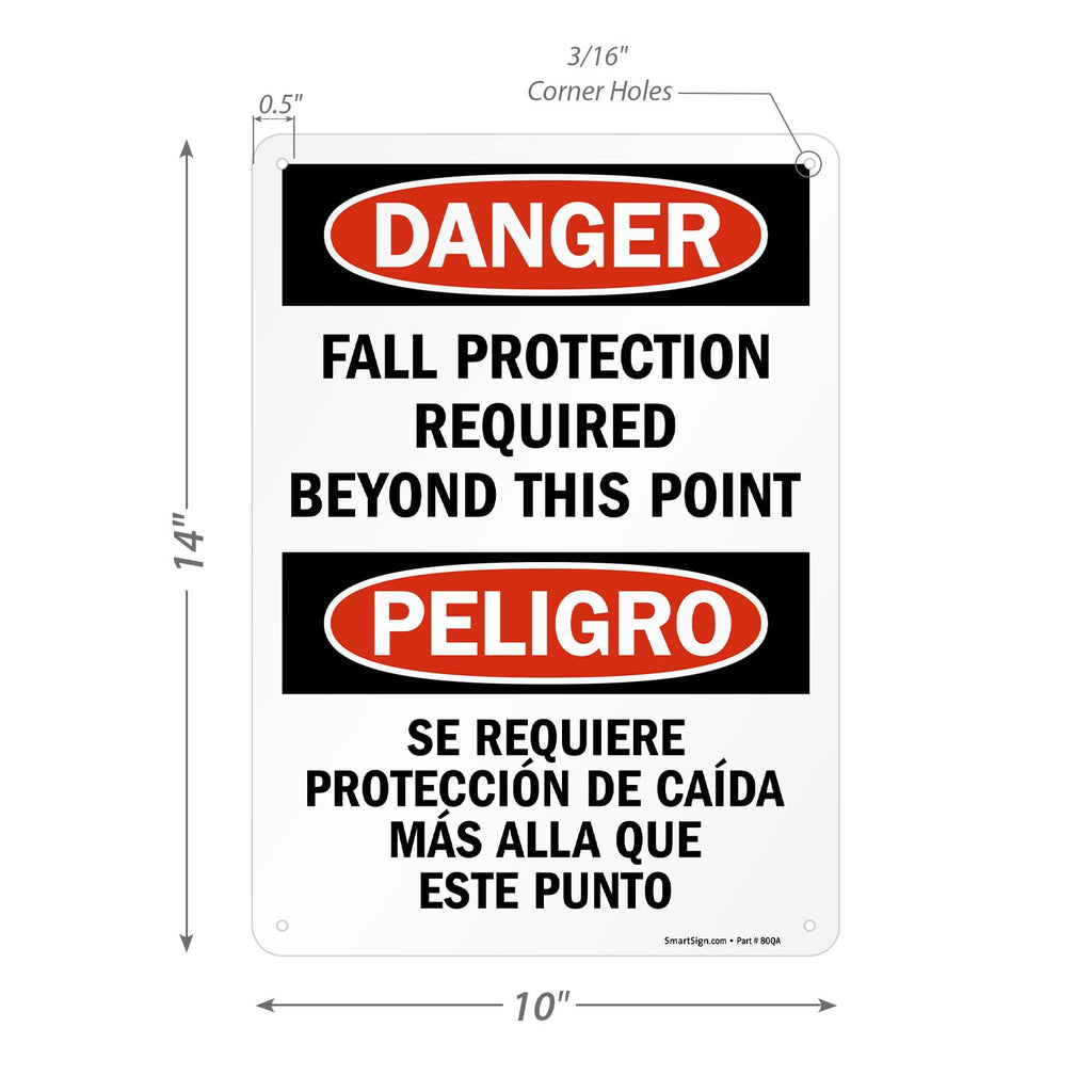 SmartSign 14" x 10" Bilingual (English/Spanish) Danger Fall Protection Required Beyond This Point Metal Sign, 40 mil Laminated Rustproof Aluminum, Pre-Drilled Holes, Red, Black and White, Made in USA