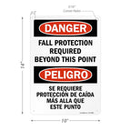 SmartSign 14" x 10" Bilingual (English/Spanish) Danger Fall Protection Required Beyond This Point Metal Sign, 40 mil Laminated Rustproof Aluminum, Pre-Drilled Holes, Red, Black and White, Made in USA