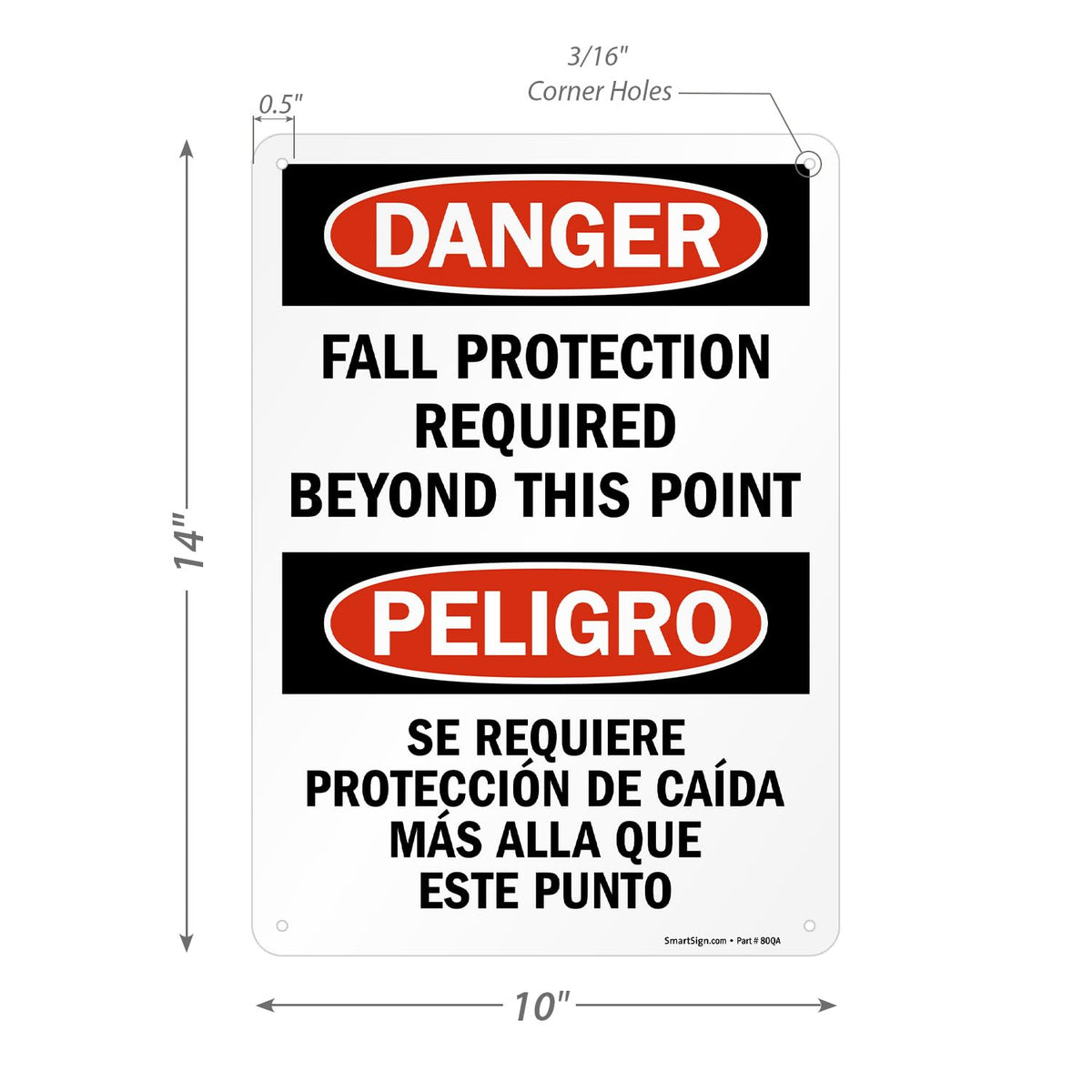 SmartSign 14" x 10" Bilingual (English/Spanish) Danger Fall Protection Required Beyond This Point Metal Sign, 40 mil Laminated Rustproof Aluminum, Pre-Drilled Holes, Red, Black and White, Made in USA