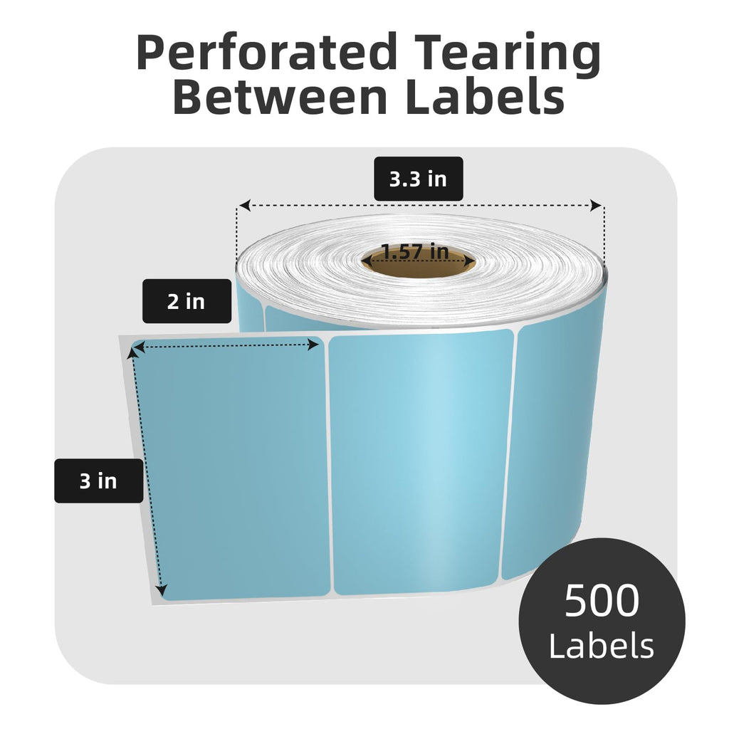 500 3x2 Thermal Labels Roll, HUOJI Blue Shipping Barcode Labels
