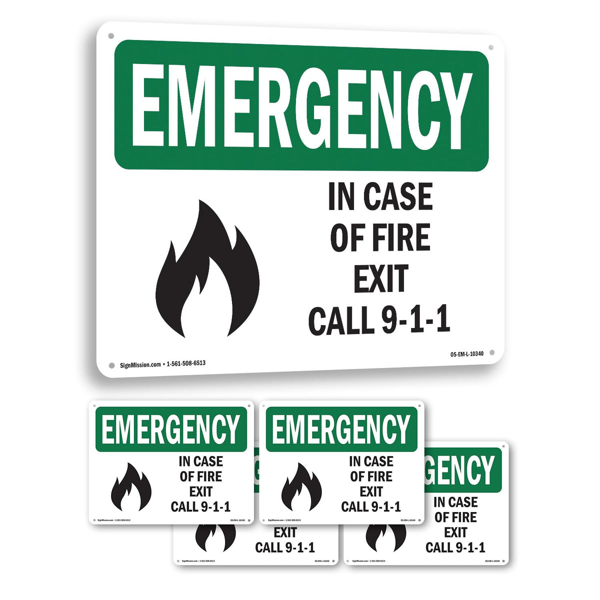 In Case Of Fire Exit Call 9 OSHA Emergency Rigid Plastic Sign 14 Inch x 10 Inch - 5 Pack 5 Pack of 14" x 10"