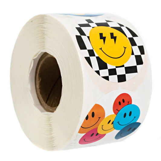 Retro Smiley Face Stickers / 500 Colorful Round Labels Roll / 1.5" Circle Happy Face Sticker / 8 Nostalgic Y2K Bright Designs/Made in The USA Retro Smiley Face