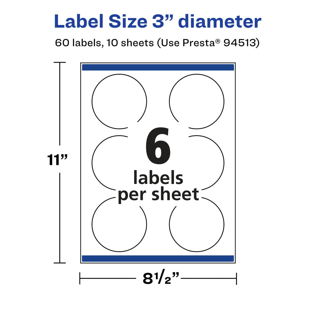 Avery® Matte Clear Round Labels, Sure Feed® Technology, 3" Diameter, 60 Matte Clear Labels, Print-to-The-Edge, Laser/Inkjet Printable 60 labels