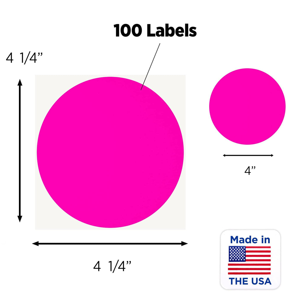 ChromaLabel 4-inch round fluorescent pink inventory labels with color code dots, high visibility for warehouse organization, 100 stickers