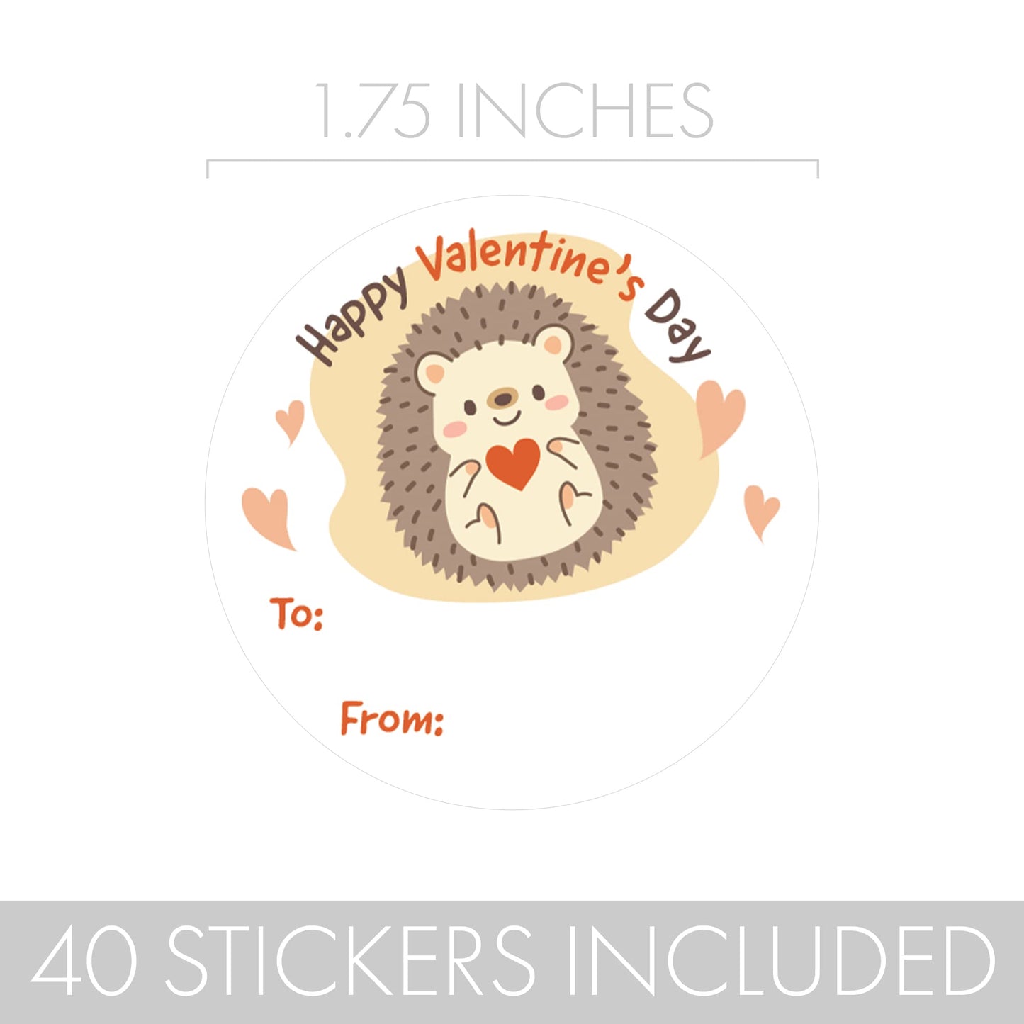 DISTINCTIVS Hedgehog Valentine's Day Stickers, 40 Count, Round Labels, To/From Format, Made in USA