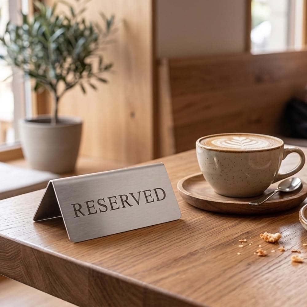 Reserved Table Signs Set of 6 - Heavy Stainless Steel Table Reservation Plates - Durable, Stackable and Waterproof Metal Signs for Restaurants, Hotels, Bars, Cafés, Weddings and Events Design 2