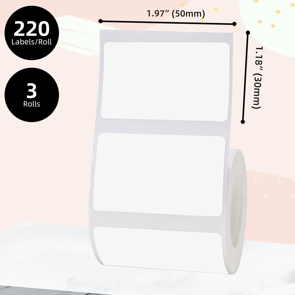 3 Rolls 1.97"x1.18" (50x30mm) Label Paper for B3S/P50/M120/M110/M200/M220, Thermal Label Sticker Multi-Purpose Square Self-Adhesive Labels, 220 Labels/Roll, White 50x30mm-White