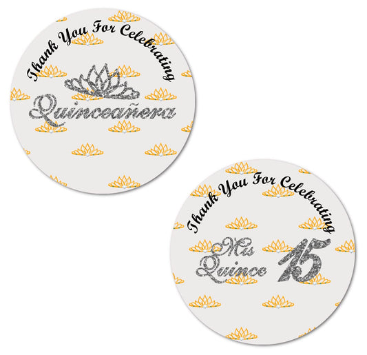40 Quinceanera Stickers, 2 Inch Big Round Glossy Labels, Thank You for Celebrating Mis Quince 15 Birthday Theme, Great for Party Favors, Tags, Games and Supplies. Made in USA (Silver)