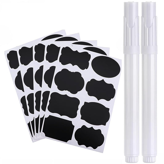 160PCS Black Self Adhesive Chalkboard Stickers Waterproof Spice Label Removable Stickers with 2 White Liquid Chalk Suitable for Food Containers Wedding Decoration Scrapbooking