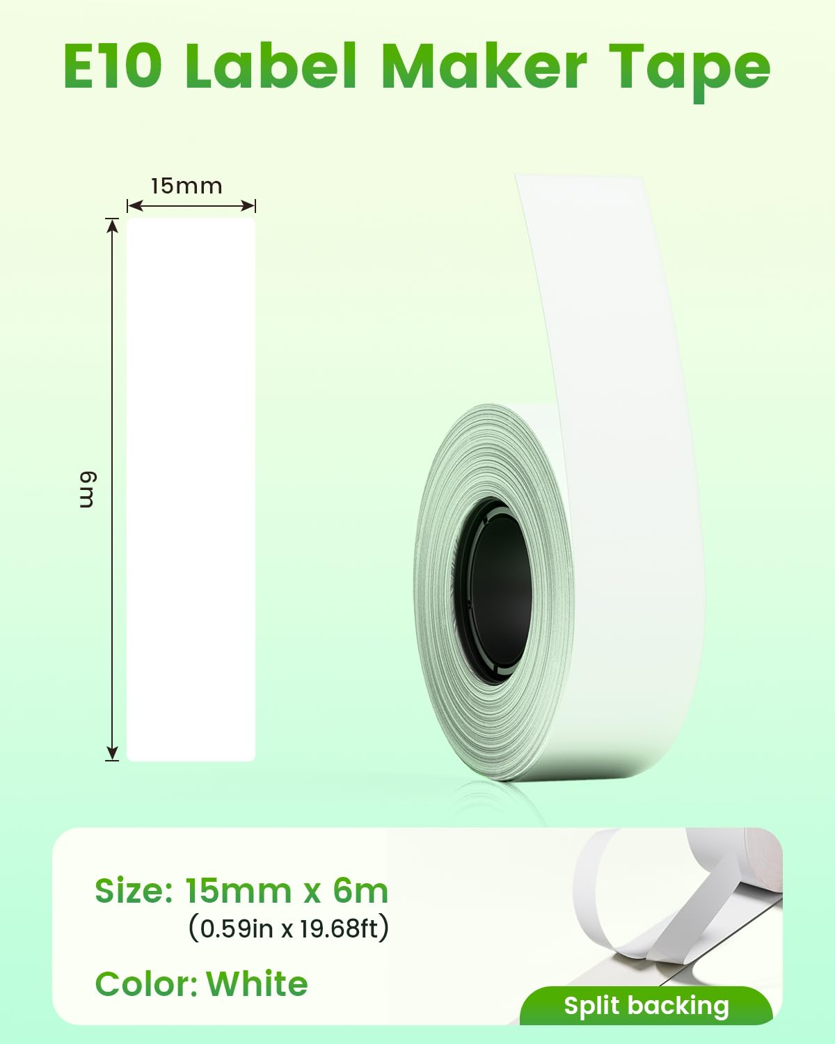 6 Rolls Continuous Laminated Thermal Label Tape Refill Compatible with SUPVAN E10 & E11 Label Maker Tape,Black on White, 0.59in × 19.7ft (15mm × 6m), Self-Adhesive Multipurpose Labeling Tape 6