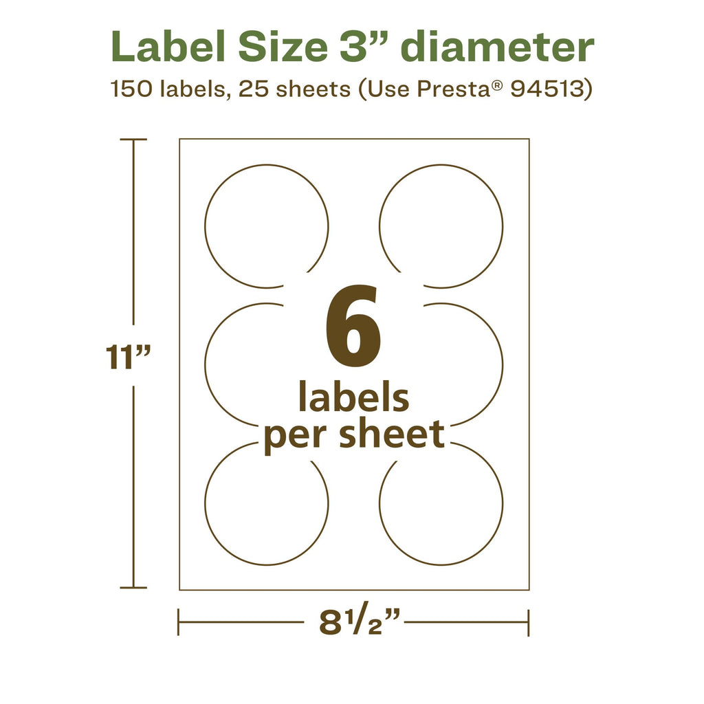 Avery EcoFriendly Matte White Recycled Round Labels, 3" Diameter, Print-to-The-Edge, Matte White Labels, Permanent Adhesive, Laser/Inkjet Printable, 150 Total Recycled Matte White Paper 150 labels