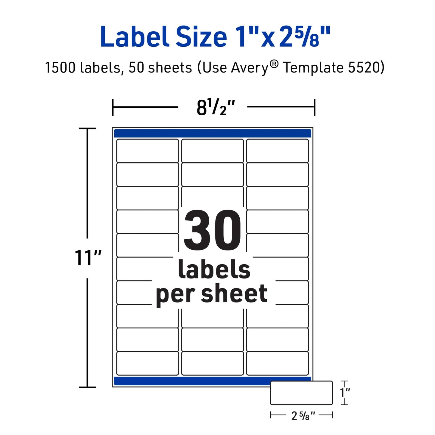 Avery Waterproof Sticker Labels for Printer - 1" x2-5/8 Mailing Labels, Ultrahold Permanent Adhesive, Laser Printers, 1,500 Printable Avery Address Label Sheets (5520) 1500 labels