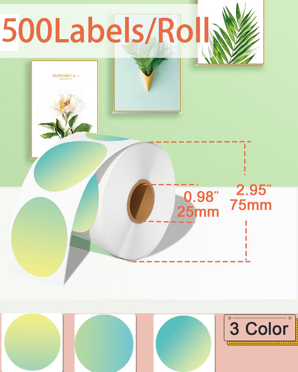2 inch Round Thermal Labels, Thermal Printer Labels Sticker use for Barcode, Shipping, Customized, Circle Direct Thermal Stickers 500 PCS/1 Roll, Gradient Green Magic Forest 2''×2''(Round)