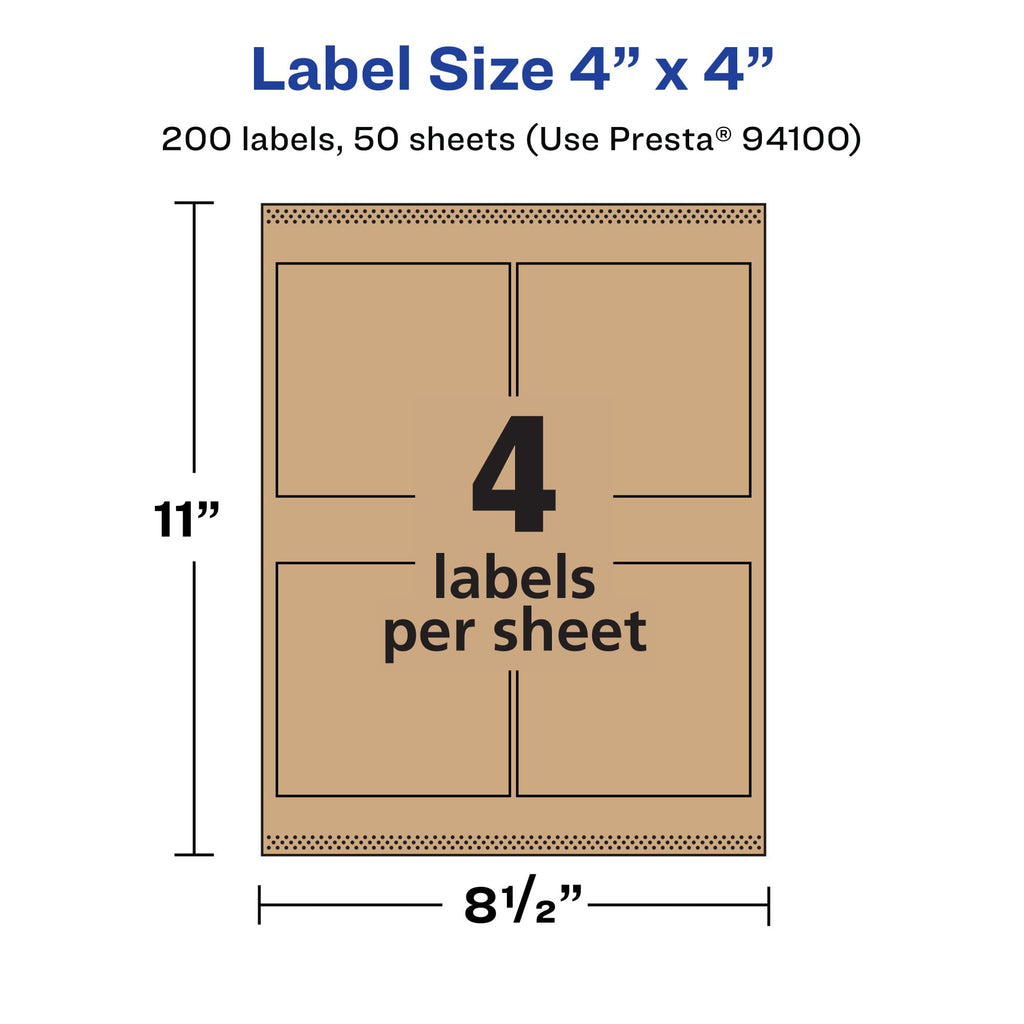 Avery® Kraft Brown Square Labels, Sure Feed® Technology, 4" x 4", 200 Kraft Brown Labels, Laser/Inkjet Printable 200 labels