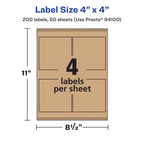Avery® Kraft Brown Square Labels, Sure Feed® Technology, 4" x 4", 200 Kraft Brown Labels, Laser/Inkjet Printable 200 labels