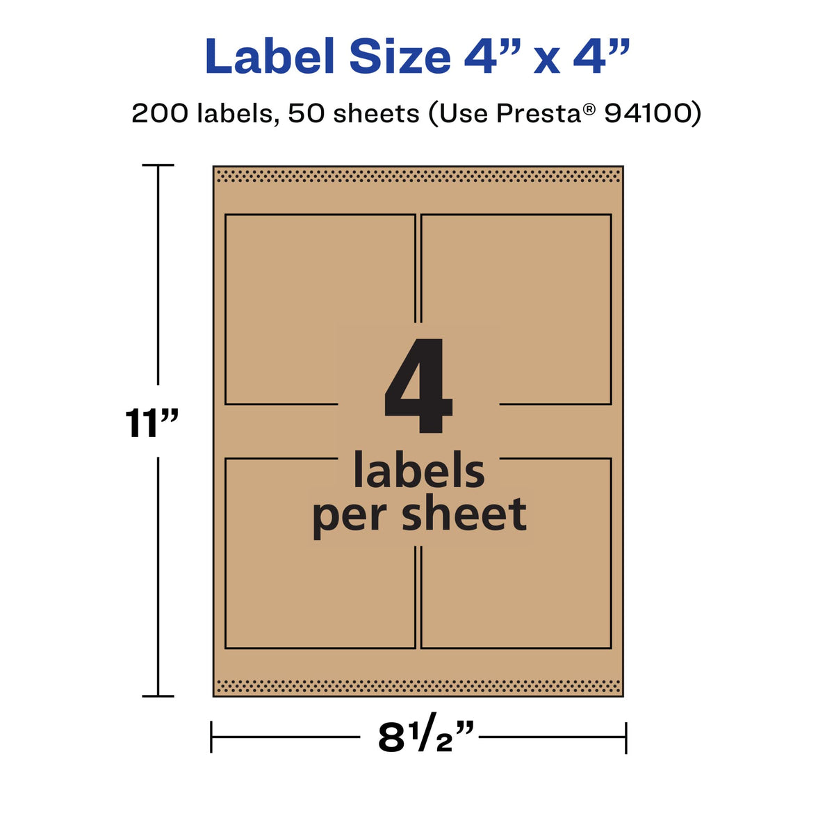 Avery® Kraft Brown Square Labels, Sure Feed® Technology, 4" x 4", 200 Kraft Brown Labels, Laser/Inkjet Printable 200 labels