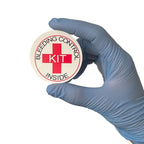 Set of five bleeding control designation stickers by Rescue Essentials, featuring clear medication labels for first aid.