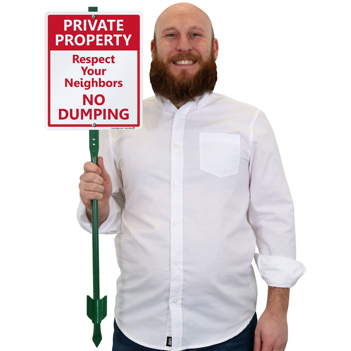 SmartSign 12 x 10 inch “Private Property - Respect Your Neighbors, No Dumping” Yard Sign with 3 foot Stake, 40 mil Laminated Rustproof Aluminum, Red and White, Set of 1