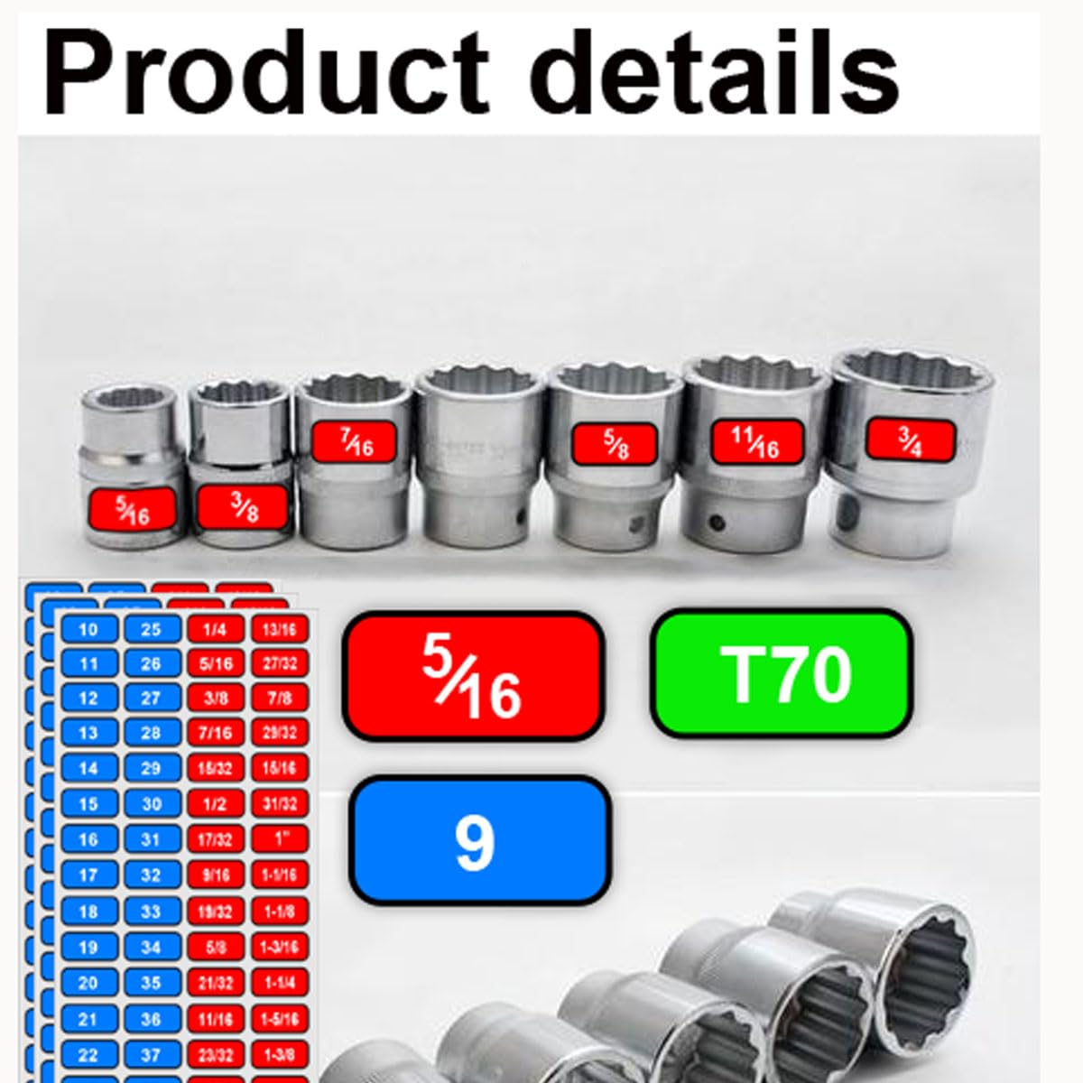 Foil Socket Labels Toolbox Stickers 180 pcs, 1/4", 3/8", 1/2" Wrench Size Labels Socket Size Stickers for Toolbox Organization