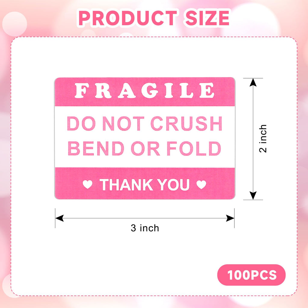 2"x3" 100PCS Pink Fragile Reminder Labels Stickers, Do Not Crush Bend or Fold Warning Labels, Shipping Mailing Cartons Envelops Adhesive Labels, for Glass Products, Ceramic, Digital Products