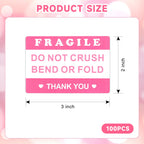 2"x3" 100PCS Pink Fragile Reminder Labels Stickers, Do Not Crush Bend or Fold Warning Labels, Shipping Mailing Cartons Envelops Adhesive Labels, for Glass Products, Ceramic, Digital Products