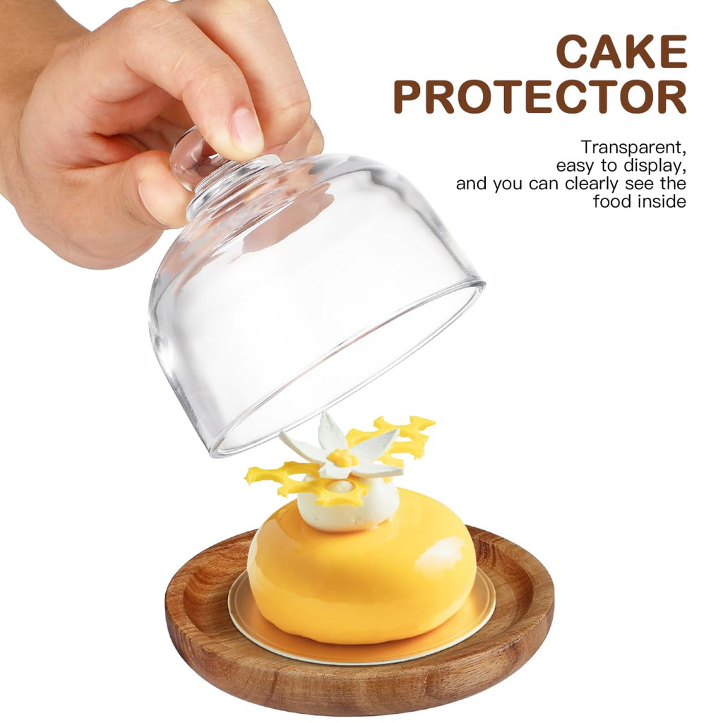 4.2 Inch Wooden Base Small Cake Display Stand with Glass Dome,Cloche Clear Glass Bell Jar Cover for Dessert Cheese Candy Plants Succulents