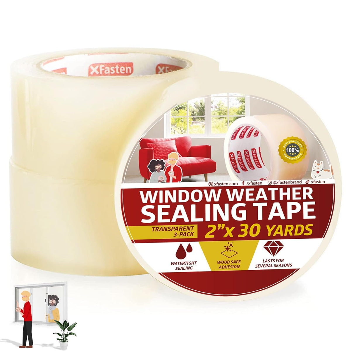 XFasten Transparent Window Weather Stripping Tape 2”x30yds (3-Pack Total 90yds), No Residue Insulation Tape for Windows and Doors, Winter Window Seal 2" x 30Yds 3PK Clear