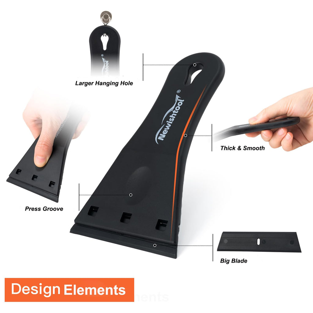 NEWISHTOOL plastic razor blade scraper with 3-inch big blades, 2-pack and 20 extra blades for removing glue, stickers, and decals from glass.