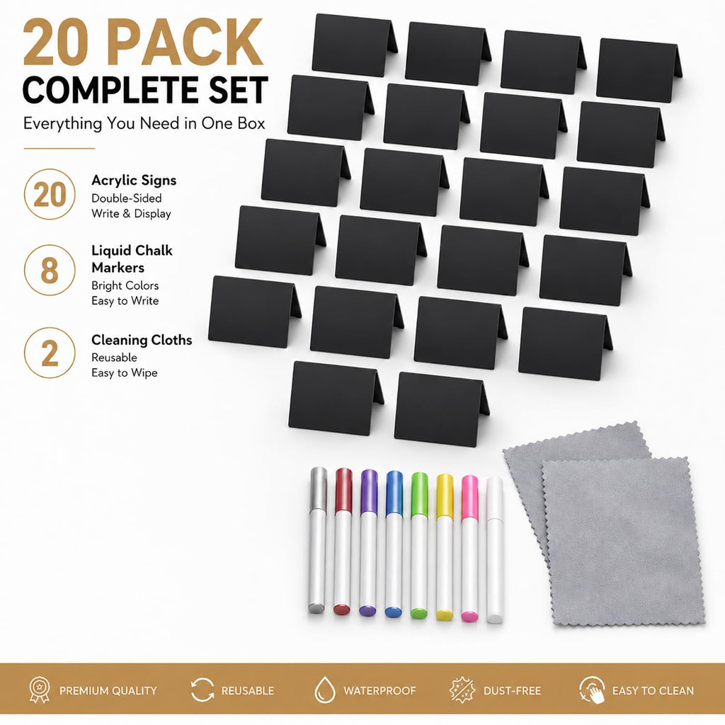 20 Pack Acrylic Chalkboard Signs with 8 Liquid Chalk Markers & 2 Cleaning Cloths, Reusable Double Sided Mini Table Signs