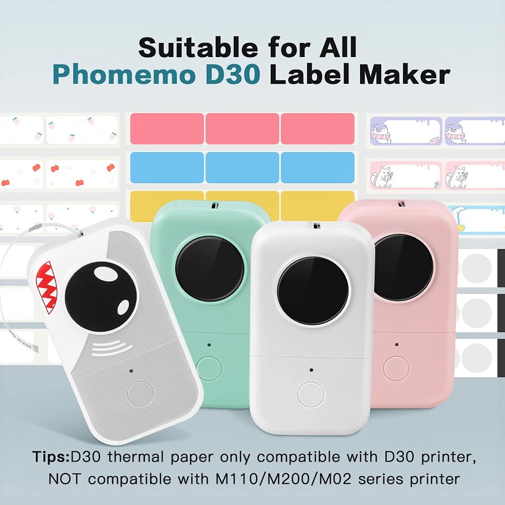 Phomemo D30 Adhesive Color Label Paper 1/2" X 1 7/8" (14mm X 50mm) 130 Labels/Roll, Black on Pink, Bule,Yellow, 3 Roll