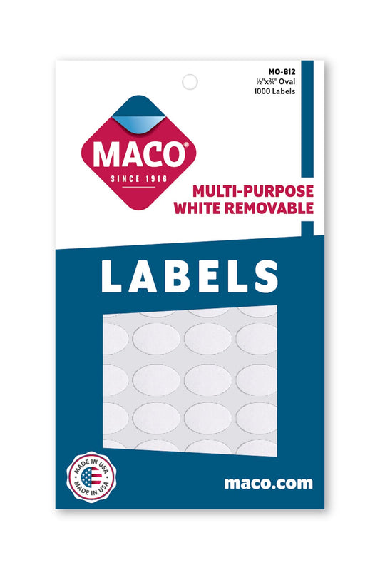 MACO White Oval Multi-Purpose Labels, 1/2 x 3/4 Inches, 1000 Per Box (MO-812)