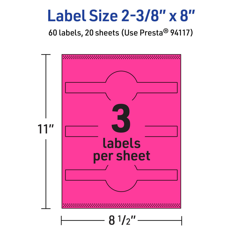 Avery® Printable Wraparound Band Labels, Sure Feed® Technology, 2-3/8" x 8", Neon Magenta Labels, Laser/Inkjet, 60 Total, Great for Soap Labels and Jar Labels 60 labels