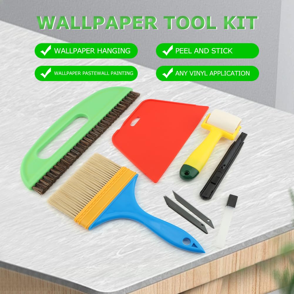 LOQJSS wallpaper smoothing tool kit with 15 pcs including brushes, squeegee, and seam roller for applying peel and stick wallpaper.