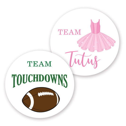 2" Round Touchdown or Tutus Gender Reveal Stickers - 40 Labels (20 of Each Design)