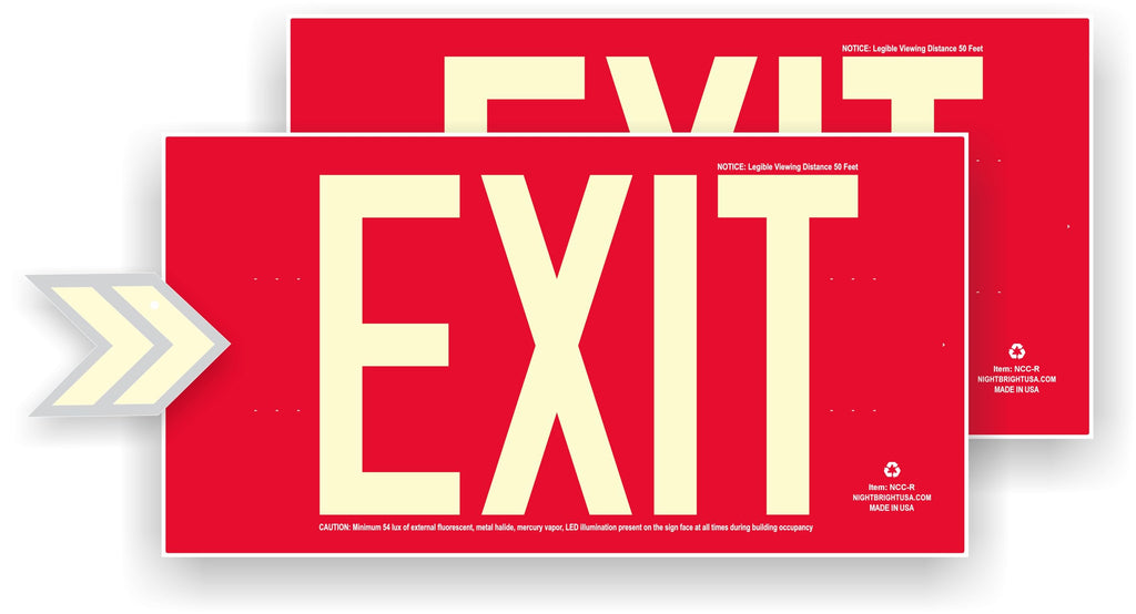 Photoluminescent Exit Signs | Pack of 2 | OSHA-ASTM-ANSI American Standard | Aluminum 14.25" x 7.5" | Weather Proof | NightBright USA Item: NCC-R II