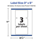 Avery Printable Durable White Rectangle Labels, Sure Feed Technology, 3" x 5", Print-to-the-Edge, Waterproof Labels, Laser & Pigment-Based Inkjet Compatible, 30 Total 30 labels