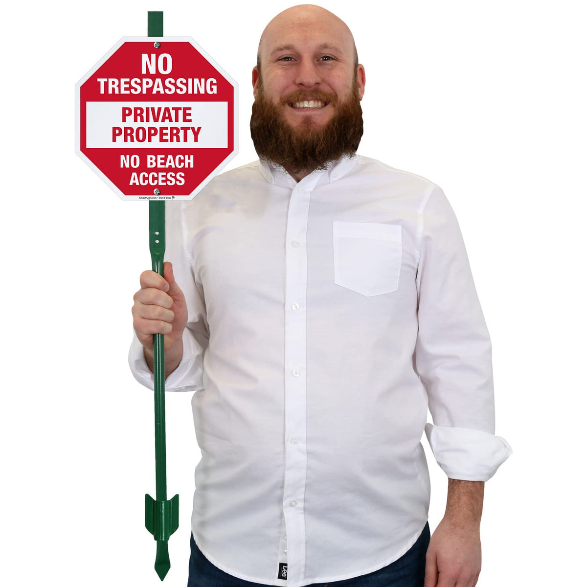 SmartSign 10 x 10 inch “No Trespassing - Private Property, No Beach Access” Octagon Yard Sign with 3 foot Stake, 40 mil Laminated Rustproof Aluminum, Red and White, Set of 1
