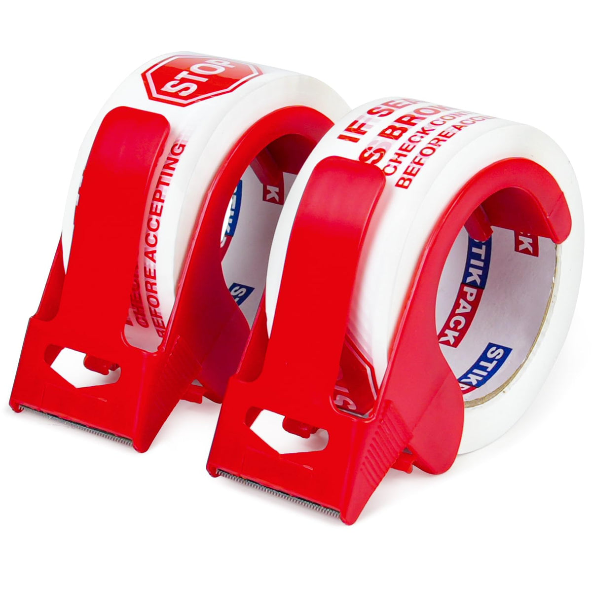 2 Pack Stop Sign Sealing Tape Pre-Printed IF Seal is Broken Check Contents Before Accepting Heavy Duty Packing Tape with Dispenser 2 Inch x 110 Yards, Total 220Y for Moving and Shipping