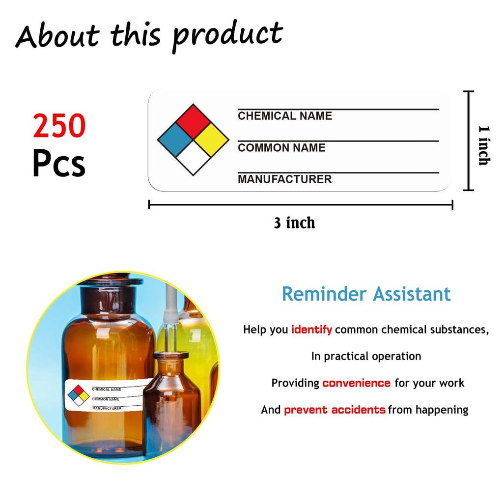 Well Tile SDS stickers for chemical safety labeling, 1x3 inch industrial decals with write-in labels, 250 per pack.