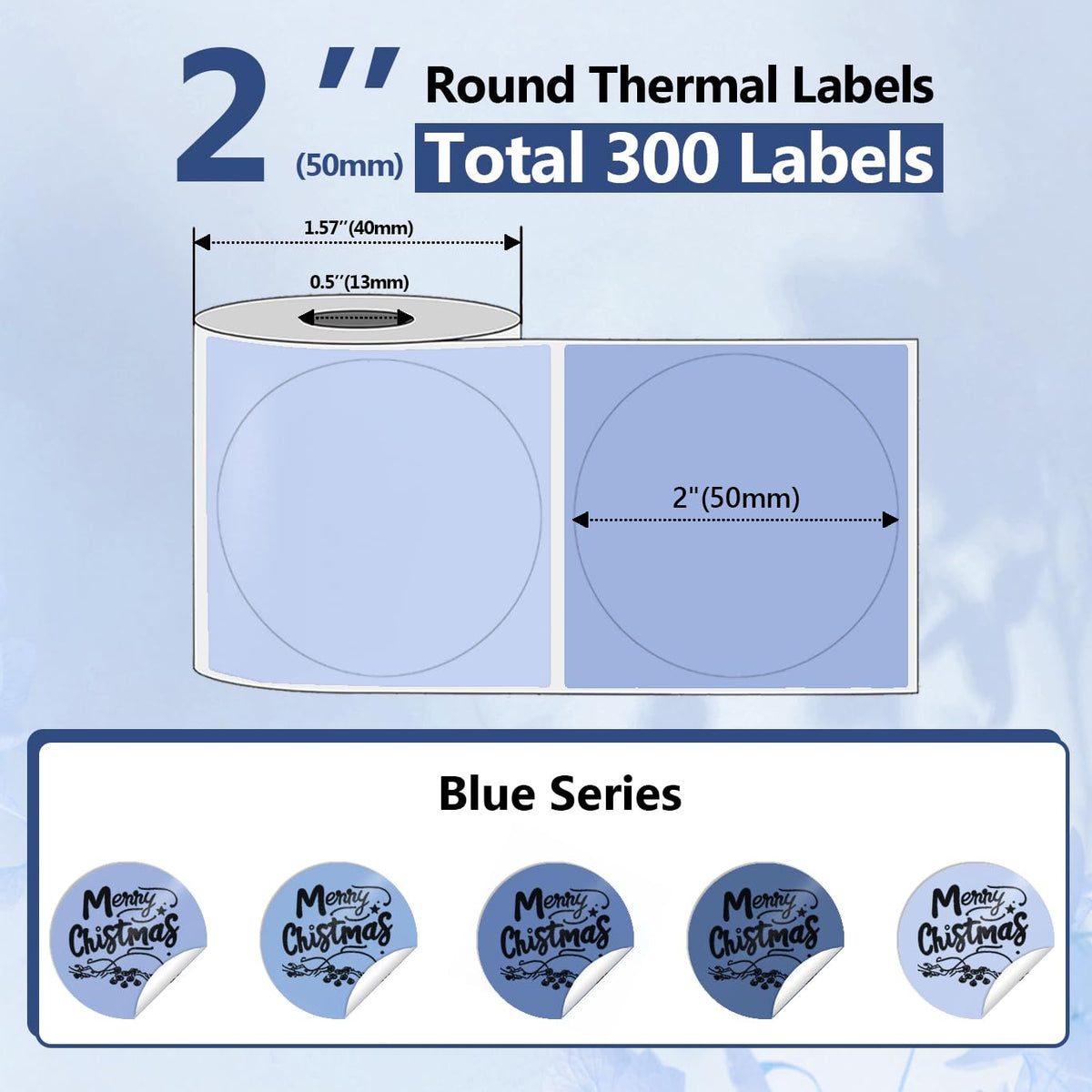 300PCS 2 Inch Circle Thermal Sticker Paper for Label Printer, Blue Series Multicolor Blue 150PCS/Roll