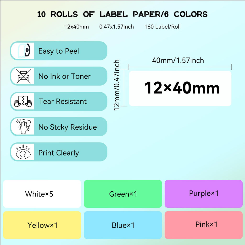 eebbl D30 P15 HP4 Label Maker Tape, 12mmx40mm(0.47"x1.57") School Hotel Office Label Tape， Thermal Label easy to remove, No residue, Waterproof, air-proof, and Scratch-resistant. Avoid Direct Sunlight
