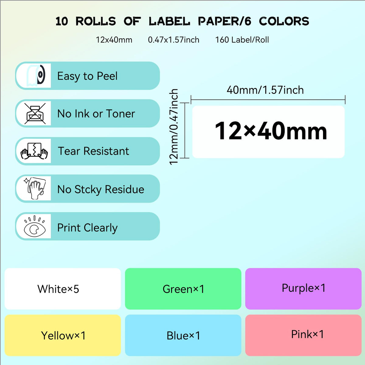 eebbl D30 P15 HP4 Label Maker Tape, 12mmx40mm(0.47"x1.57") School Hotel Office Label Tape， Thermal Label easy to remove, No residue, Waterproof, air-proof, and Scratch-resistant. Avoid Direct Sunlight
