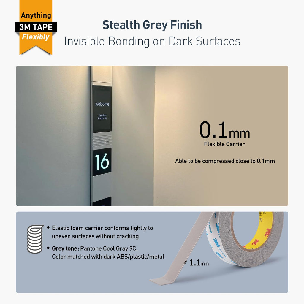 3M Double Sided Tape, 1" x 18Ft Foam Tape, 1600TG, Grey, 2 Pack