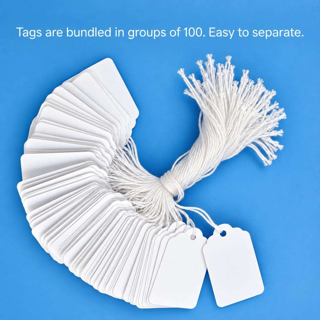 500 White Merchandise Tags with String Attached, 2 1/4" x 1 7/16" 500